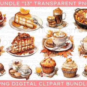 Watercolor Fall Dessert Clipart, Delicious Fall Pumpkin Spice PNG, Holiday Treats Thanksgiving, Cozy Autumn Sweet, Sublimation Digital PNG