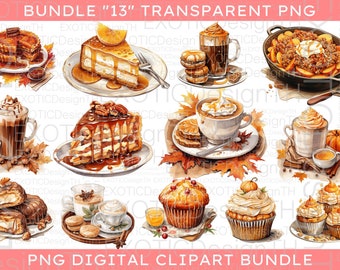 Watercolor Fall Dessert Clipart, Delicious Fall Pumpkin Spice PNG, Holiday Treats Thanksgiving, Cozy Autumn Sweet, Sublimation Digital PNG