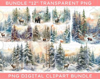 Watercolor Woodland Winter Woods Clipart, Forest Moose, Bear Mountain, Camping Pine Scene, Snowy Merry Christmas, Sublimation Digital PNG