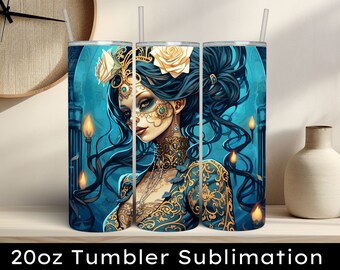 Steampunk Gothic Halloween Sugar Skull Girl PNG, 20oz Skinny Tumbler Wrap, Straight And Tapered, Tumbler Wrap Template, Digital Download PNG