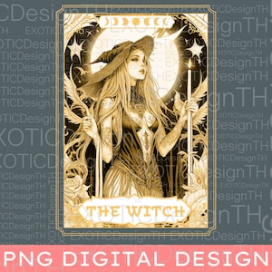 May include: A digital illustration of a tarot card depicting a witch with long flowing hair, holding a candle and standing in front of a full moon. The card is titled "The Witch".
