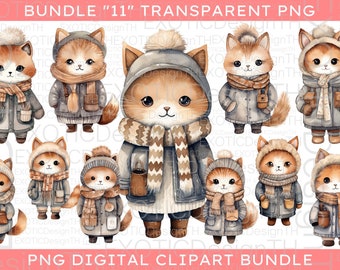 Watercolour Feline Winter Wonderland clipart, Kawaii Cat Nursery, kitten Baby warm sweater, Minimalistic Christmas, Sublimation Digital PNG