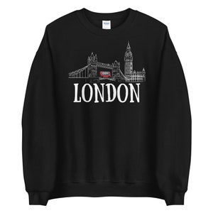 May include: Black sweatshirt with a white outline of the London skyline, including Big Ben, Tower Bridge, and a double-decker bus. The text "LONDON" is printed in white below the skyline.