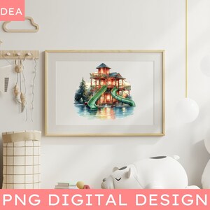 May include: Watercolor illustration of a wooden treehouse with two green slides, surrounded by trees and water. The treehouse has a red roof and windows. The image is framed and hanging on a white wall.