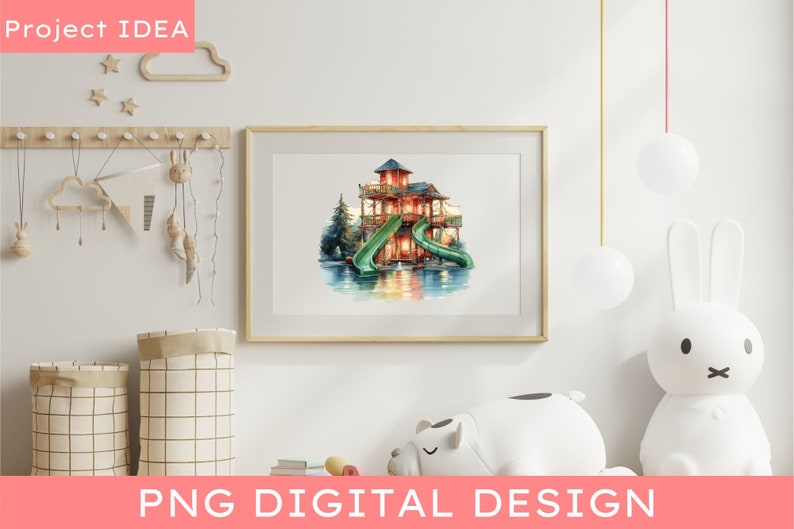 May include: Watercolor illustration of a wooden treehouse with two green slides, surrounded by trees and water. The treehouse has a red roof and windows. The image is framed and hanging on a white wall.