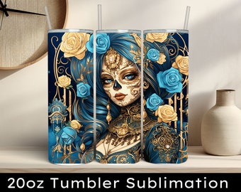 Halloween Sugar Skull Girl Gothic Steampunk PNG, 20oz Skinny Tumbler Wrap, Straight And Tapered, Tumbler Wrap Template, Digital Download PNG