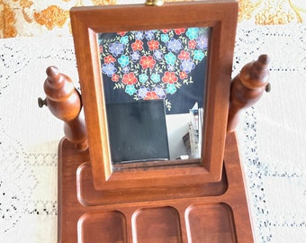 Vintage Wood Tabletop Vanity Mirror Tilt with 0rganizer. 10” Tall