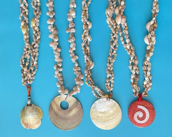 Handmade Shell Lei Necklace. Real Cowries, Conches, Trochus Seashells. Length varies 16-18”. Real Shell Pendants.