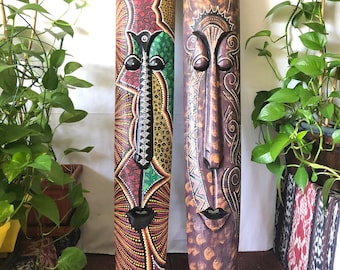 60” Tall Asian Tribal Mask. Decorative Wall Hanging. Lombok, Indonesia Origin. Dot Art Painting. Turtle. Wooden.