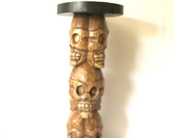 9-Skull Stand. Wood, hand carved. 21” Tall. Halloween, Dia De Los Muertos Decor.