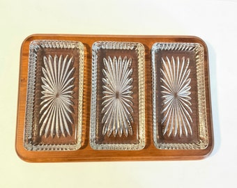 Vintage Hostess Set, 3 glass and wooden tray. Condiment, Vegetable, Sandwich Tray. 3 Cut Glass Trays, each 7” on Hardwood Tray 13”  long.