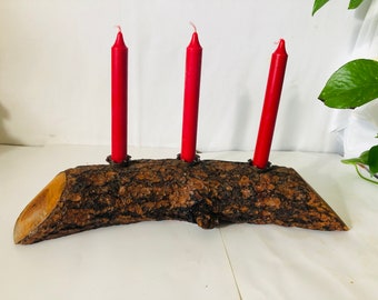 Candle Stand.  3 candlestick holder. Metal candle holders. Live edge wood. 16.5” wide.