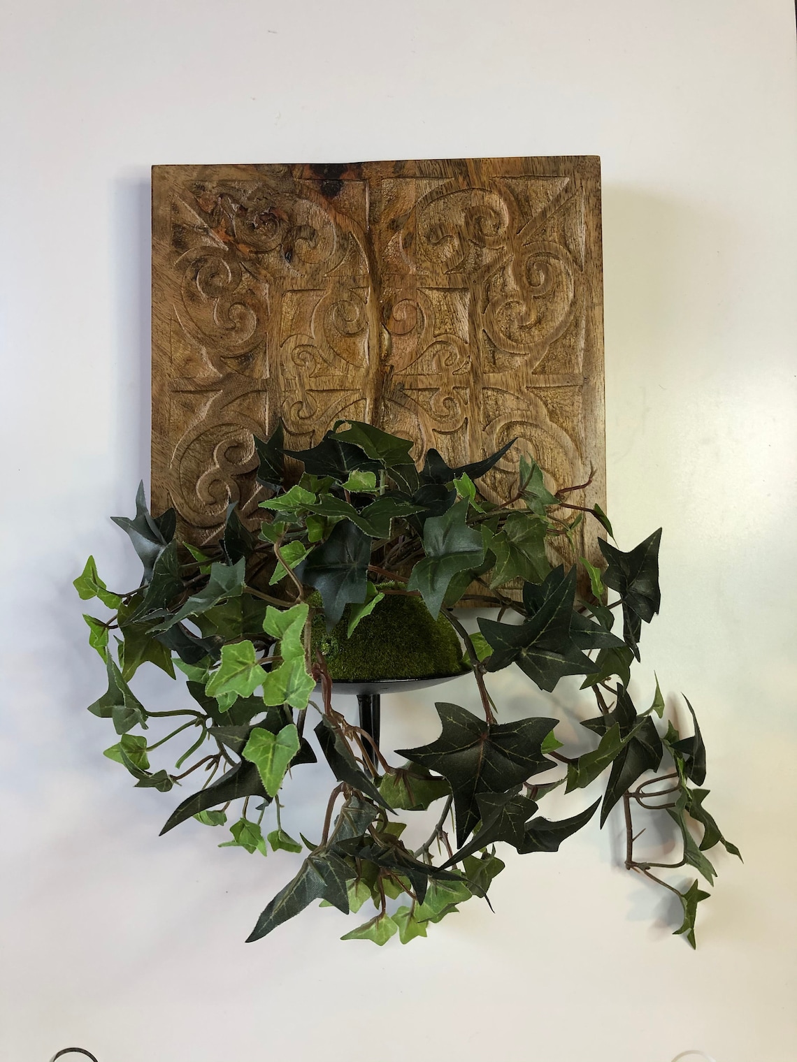 Wall Sconce Planter. Hand Carved. Artificial Plant Included. Etsy