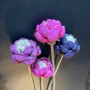 Dried Corn Husk Flowers.  Dyed, Handmade. Stalks are Bamboo Sticks covered with Dried Banana Bark.  20” Long.