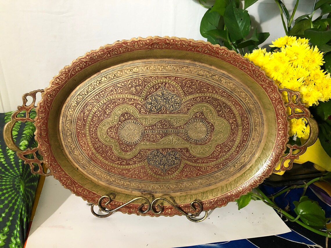 Brass Indian Serving or decorative Tray. Intricately etched. Etsy