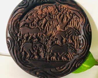 Safari Trivet.  Safari Animals Carved on Wood.  5.25” Diameter.