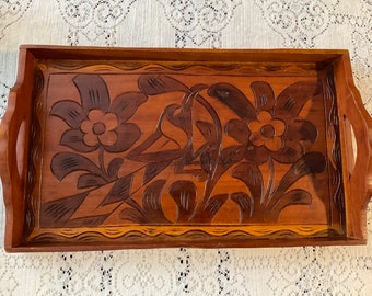 Wooden Tray with Double Handle. Hand Etched with Bird and Flowers. Fruit or Serving Tray. South American Origin. 17.75” long.