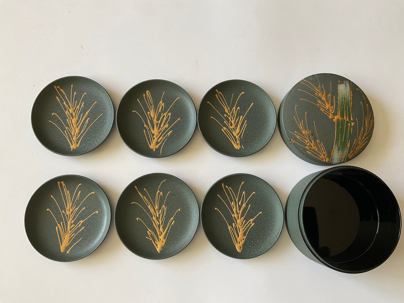 Vintage Japanese Tea Cup Coaster Set. Holder and 6 Coasters. Etsy