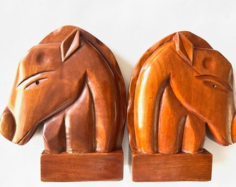 Vintage Wooden Horse Head Bookends  or Decor. Hand carved.  Large 9” Tall.