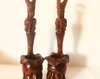 Pair of Happy and Sad Vintage Tribal Offering Bowl. Igorot Wine Offering Bowl. Pacific or Filipiniana Collection. 18.5” tall.