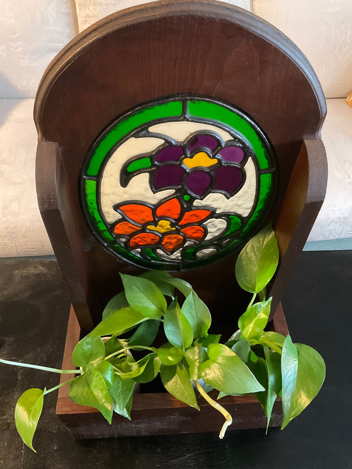 Vintage Teakwood Real Stained Glass Stand or Shelf Etsy