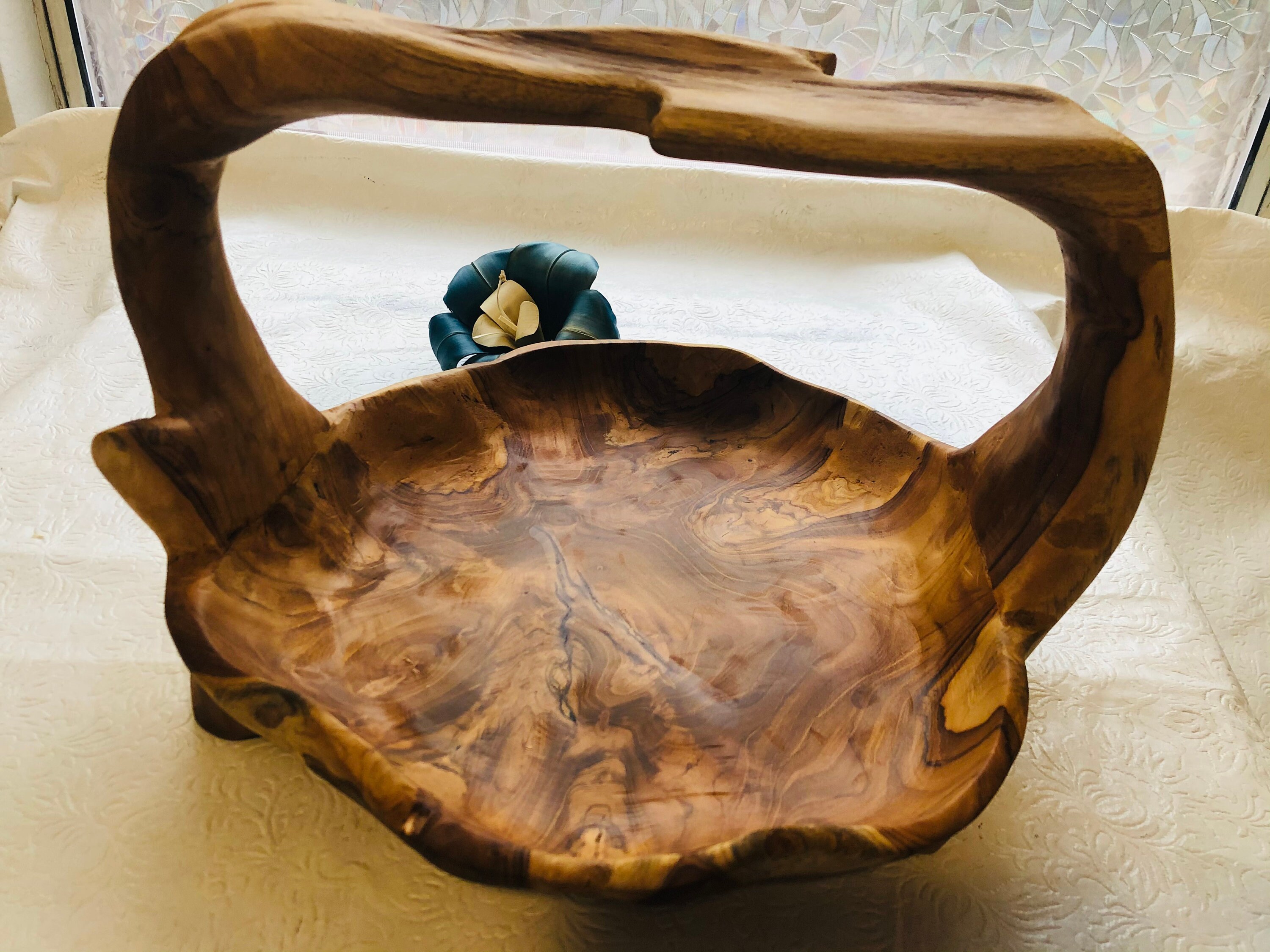 Wood tray with handle. Round. Teakwood hand carved finished Etsy