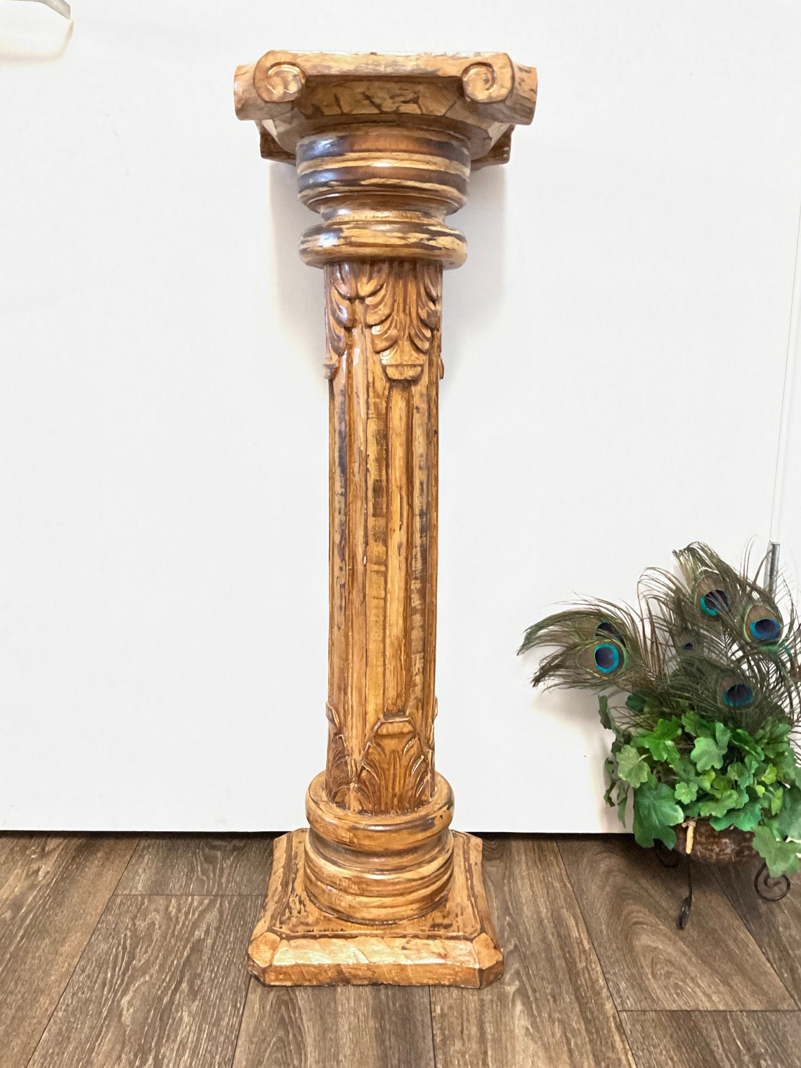 Roman Column Pedestal. Wooden. Hand Carved. 31.5 tall. Top is Etsy