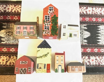 Vintage Wood Block Houses. Wooden. Hand Painted. Toy Houses. Sold Individually.