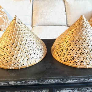 Decorative Asian Conical Hat. Set of 2. Thinly Sliced Bamboo Hexagonal Weaving. Traditional Hat shape of Asia . 12” high.