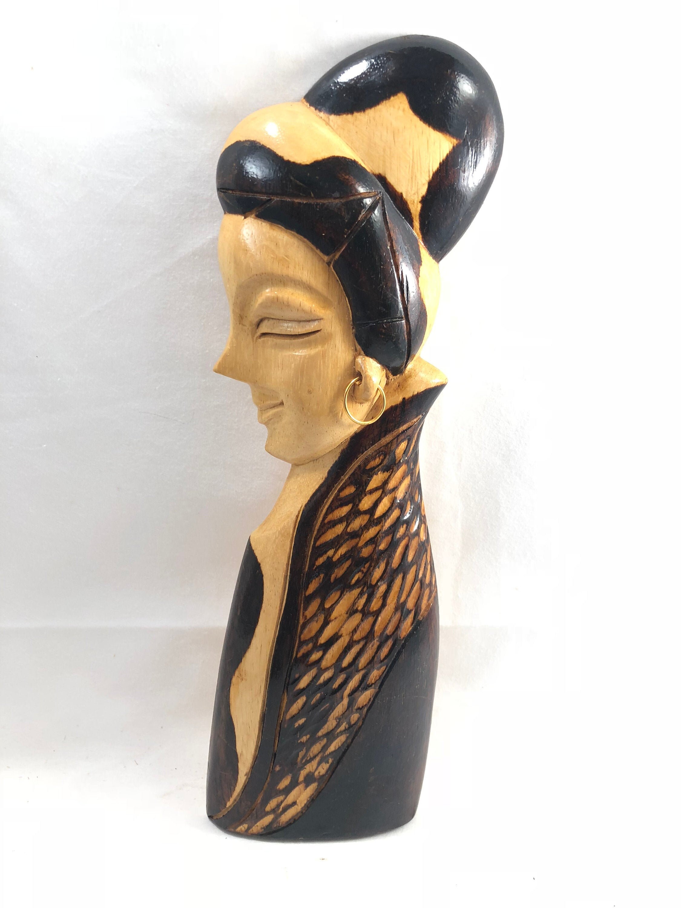Wooden hand carved Japanese Lady. 15”tall wall decor.