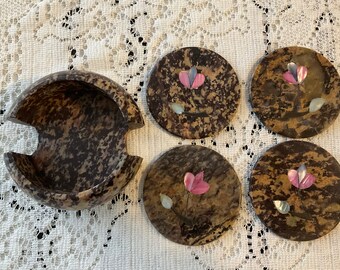 Vintage Brown Marble Coasters with Case. Set of 4 coasters with Case.  Coaster Has Flower Inlay. 3”Diameter.