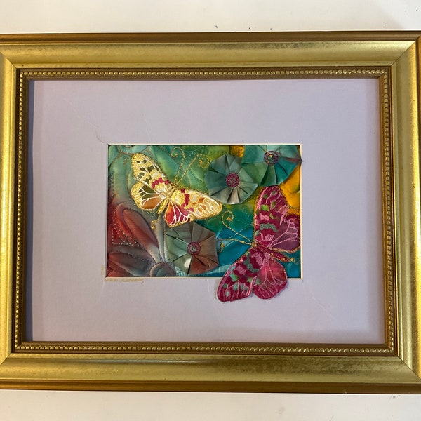 Vintage Framed Australian Embroidery Art. Butterflies and Flowers Garden Wall Art. Signed by Textile Artist Michelle Mischkulnig.
