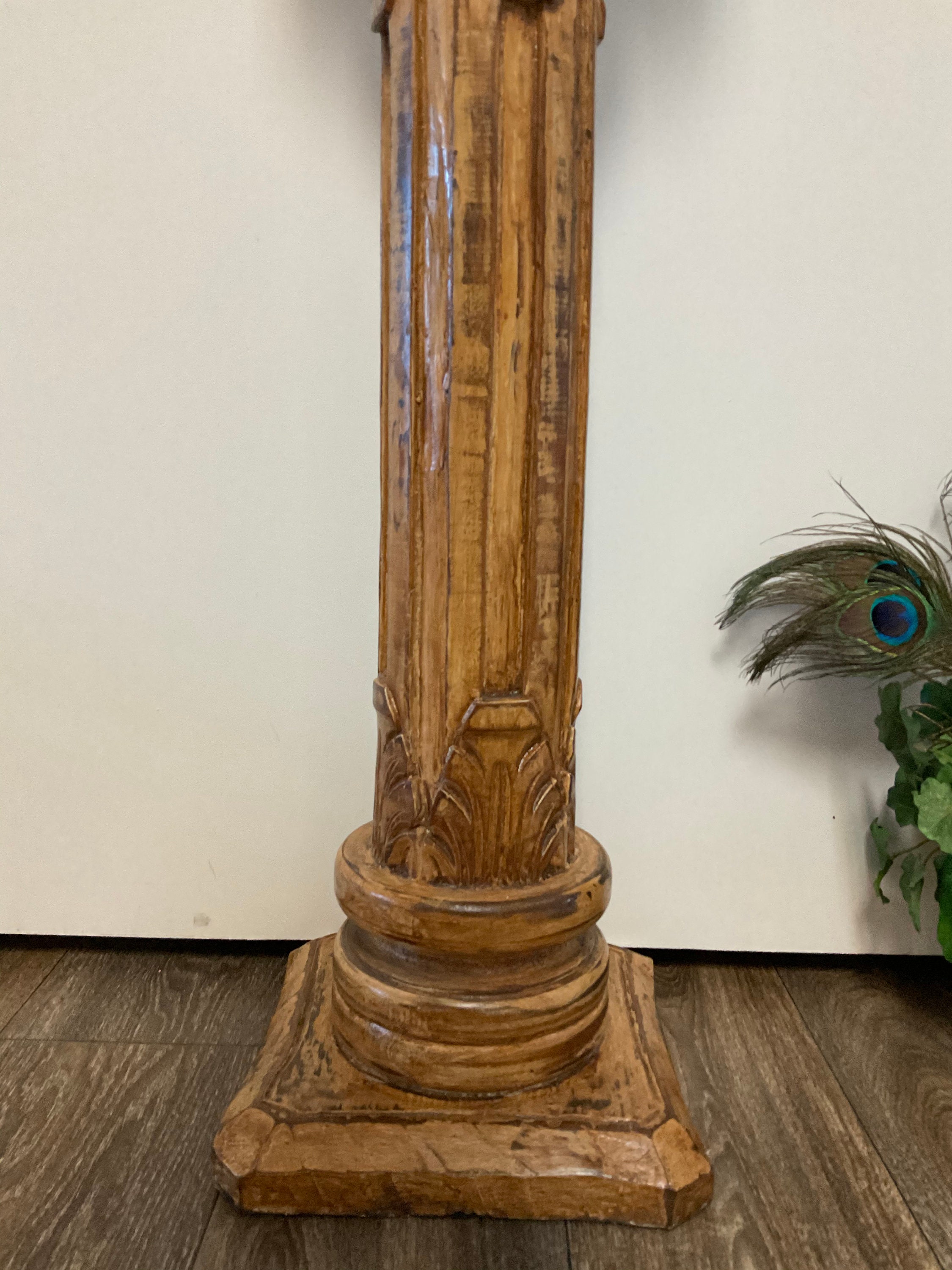 Roman Column Pedestal. Wooden. Hand Carved. 31.5 tall. Top is Etsy