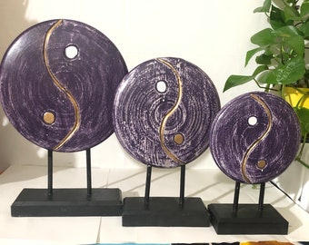 Yin Yang styled medallion stand. Large is 17”, Medium is 14”, small is 12”. Wooden , hand carved and handcrafted.