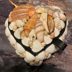 May include: A heart-shaped box made of seashells, with a black ribbon. The box is filled with various seashells of different sizes and colors.