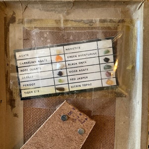 May include: A close-up of a framed chart with a variety of gemstones and their names. The chart includes agate, carnelian agate, rose quartz, garnet, peridot, tiger eye, hematite, green aventurine, black onyx, moss agate, red jasper, and citrin topaz.