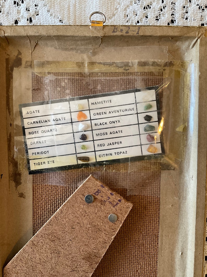 May include: A close-up of a framed chart with a variety of gemstones and their names. The chart includes agate, carnelian agate, rose quartz, garnet, peridot, tiger eye, hematite, green aventurine, black onyx, moss agate, red jasper, and citrin topaz.
