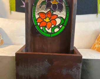 Vintage Teakwood Real Stained Glass Stand or Shelf Collectible. Oval Stained Glass is 11”x8.5”. With Bottom Open Box. 21.75 Tall. 6.31 lbs.