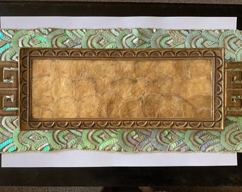 Vintage Footed Tray. Asian Tray with Capiz Shell Inlay. Resin body. Use as Center Table, Sushi, Cracker and Cheese Tray. 23” long.