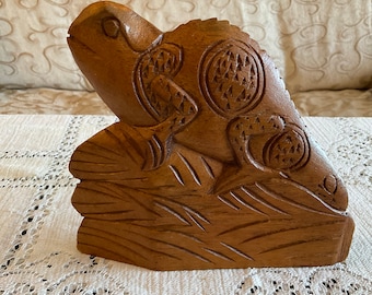 Hand Carved Wooden Frog Patio Decor. 7” Wide.