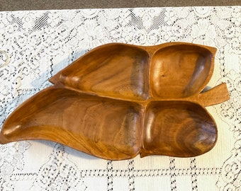 Vintage Large Wooden 4-Compartments Leaf Tray. Hand Carved. 21.75” Wide.