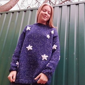 Blue sweater with white stars, Hand knit for Kids Teens adult image 2