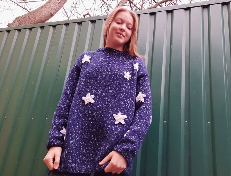 Blue sweater with white stars, Hand knit for Kids Teens adult image 2