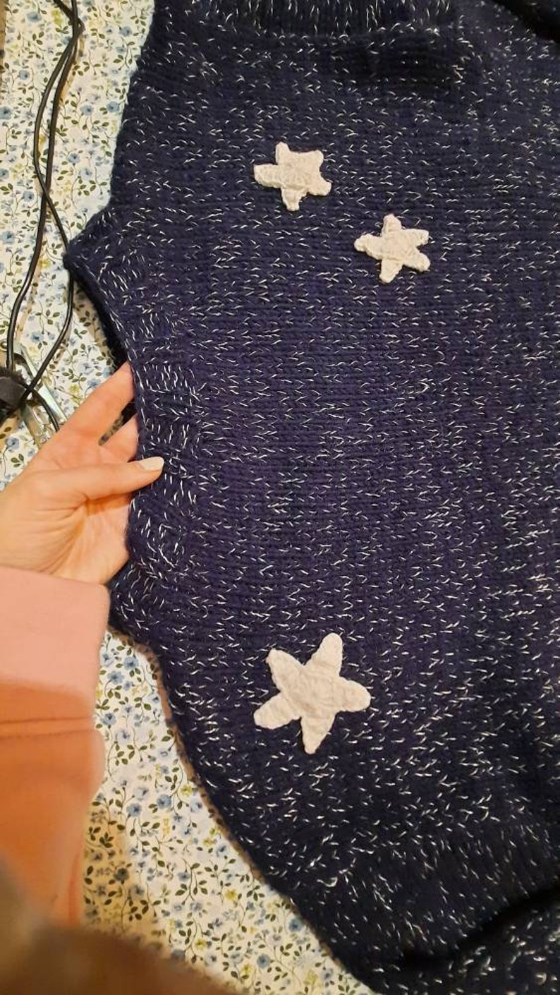 Blue sweater with white stars, Hand knit for Kids Teens adult image 8