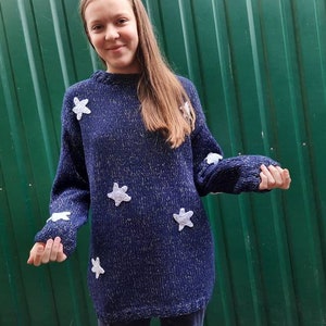 Blue sweater with white stars, Hand knit for Kids Teens adult image 1