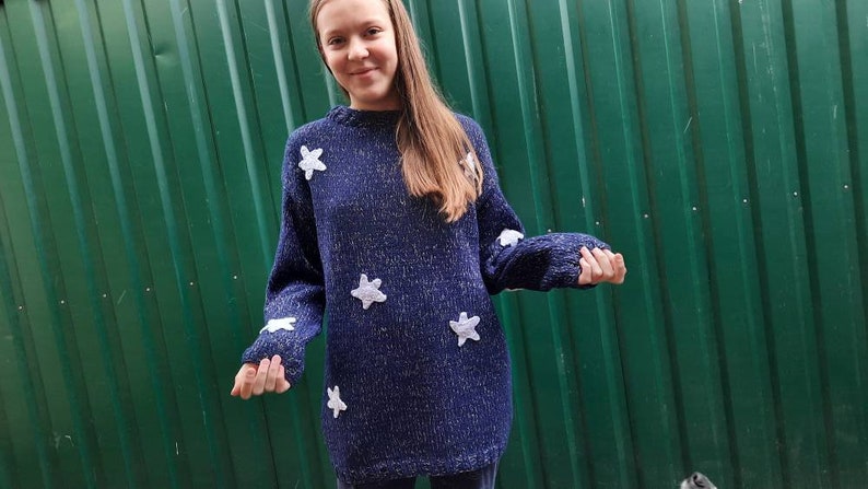 Blue sweater with white stars, Hand knit for Kids Teens adult image 1