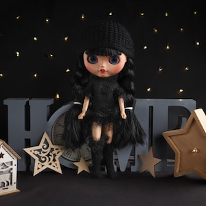 Blythe doll clothes black dress Outfit, 11 - 12 inches doll clothes for neo Blythe, knitted dress with hat & socks, handmade costume