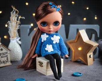 Blythe sweater blue indigo & stars hand knitted outfit, Clothes Blythe doll Jumper accessorize - Blythe costume knit  - Blythe idea