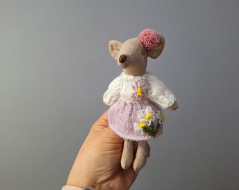 Maileg mouse flower Outfit, Summer hand knit sweater, Maileg embroidered clothes for miniature toy, pink skirt for Little sister Big sister