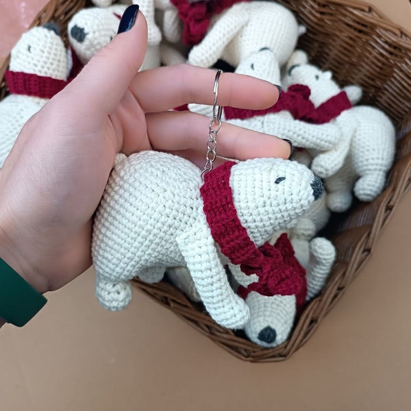 Christmas gift White bear Handmade Crocheted - Bear with Red Scarf - Xmas Gift for toddler & kids and adult, Cute Stocking fillers ornament